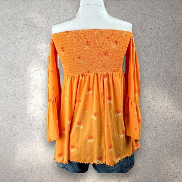 Free People Lana Off Shoulder Tunic Top Women’s Small Golden Poppy Floral NWT - Picture 2 of 11